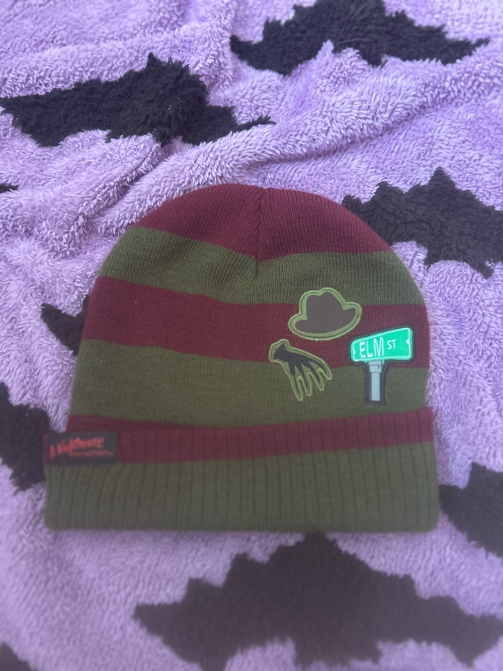 Spirit Olive & Burgundy Striped Beanie with Elm St. Patch
